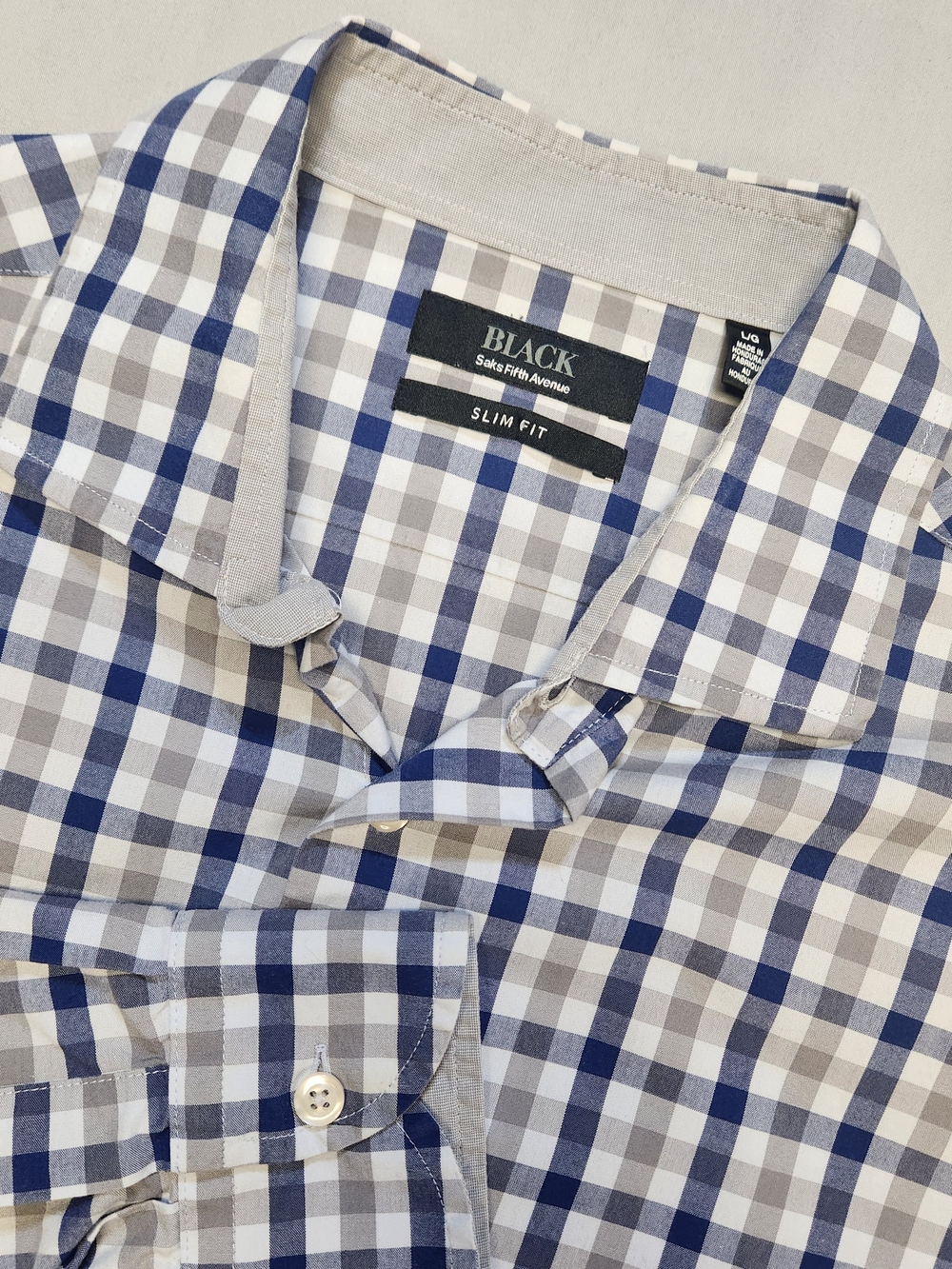 Black Saks Fifth Avenue Shirt Adult Mens L Large Gray Plaid Long Sleeve Slim Fit